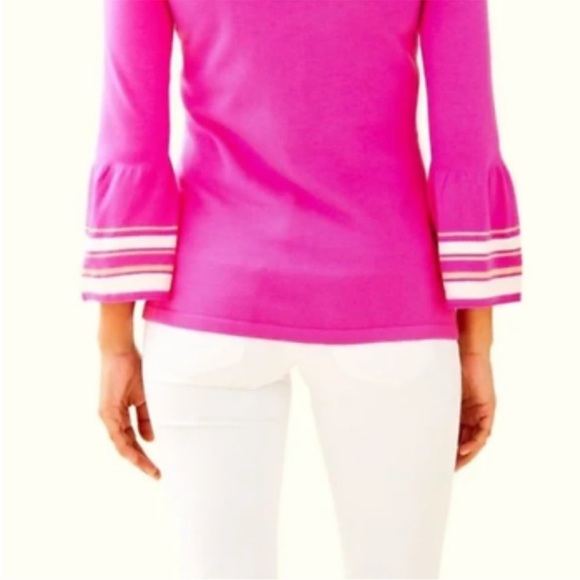 Lilly Pulitzer Callee Sweater Pink Flounce Ruffle Sleeve Gold Buttons Crewneck M - Picture 2 of 13